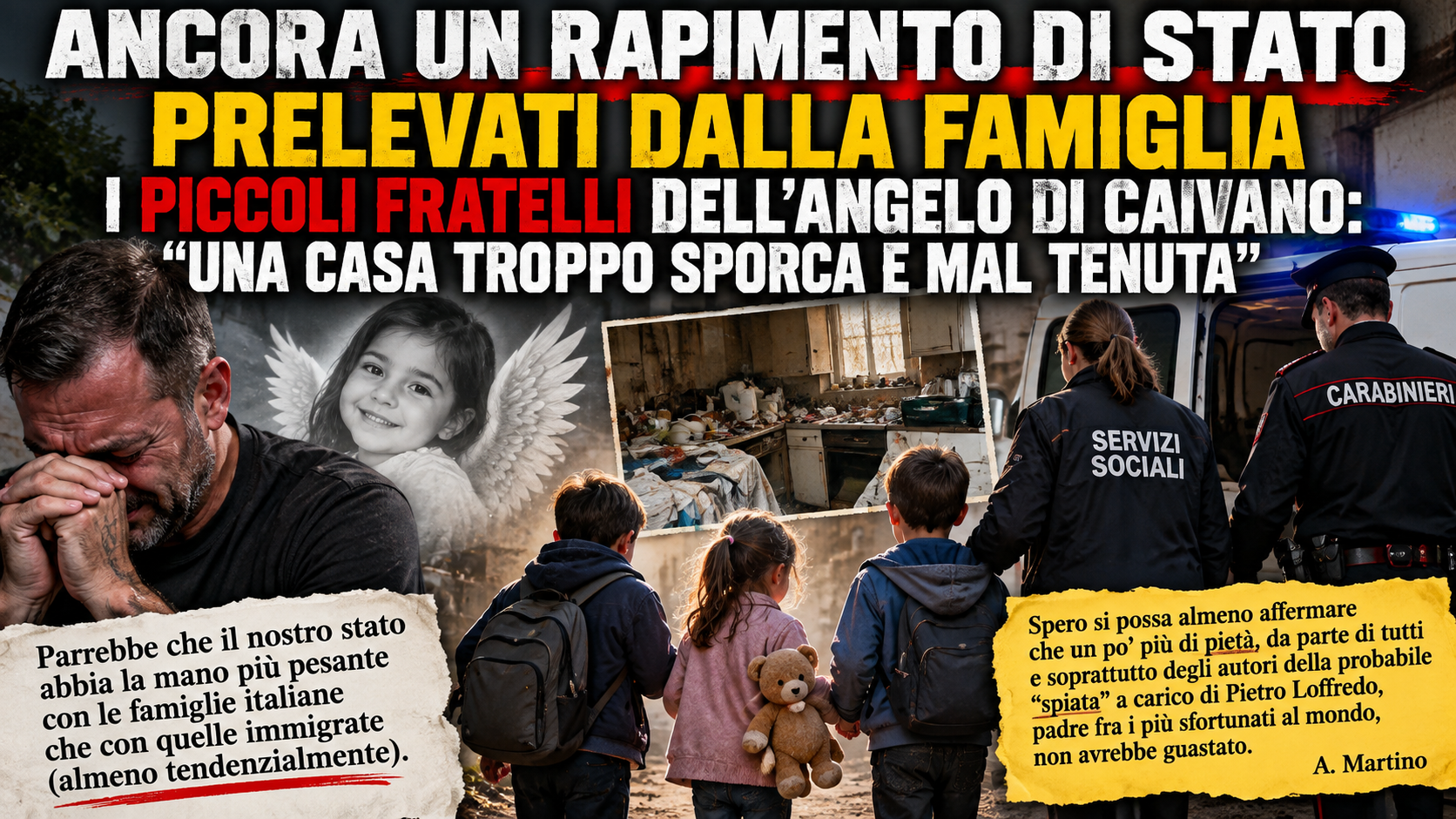 ANCORA UN RAPIMENTO DI STATO. PRELEVATI DALLA FAMIGLIA I PICCOLI FRATELLI DELL’ANGELO DI CAIVANO: “UNA CASA TROPPO SPORCA E MAL TENUTA”.